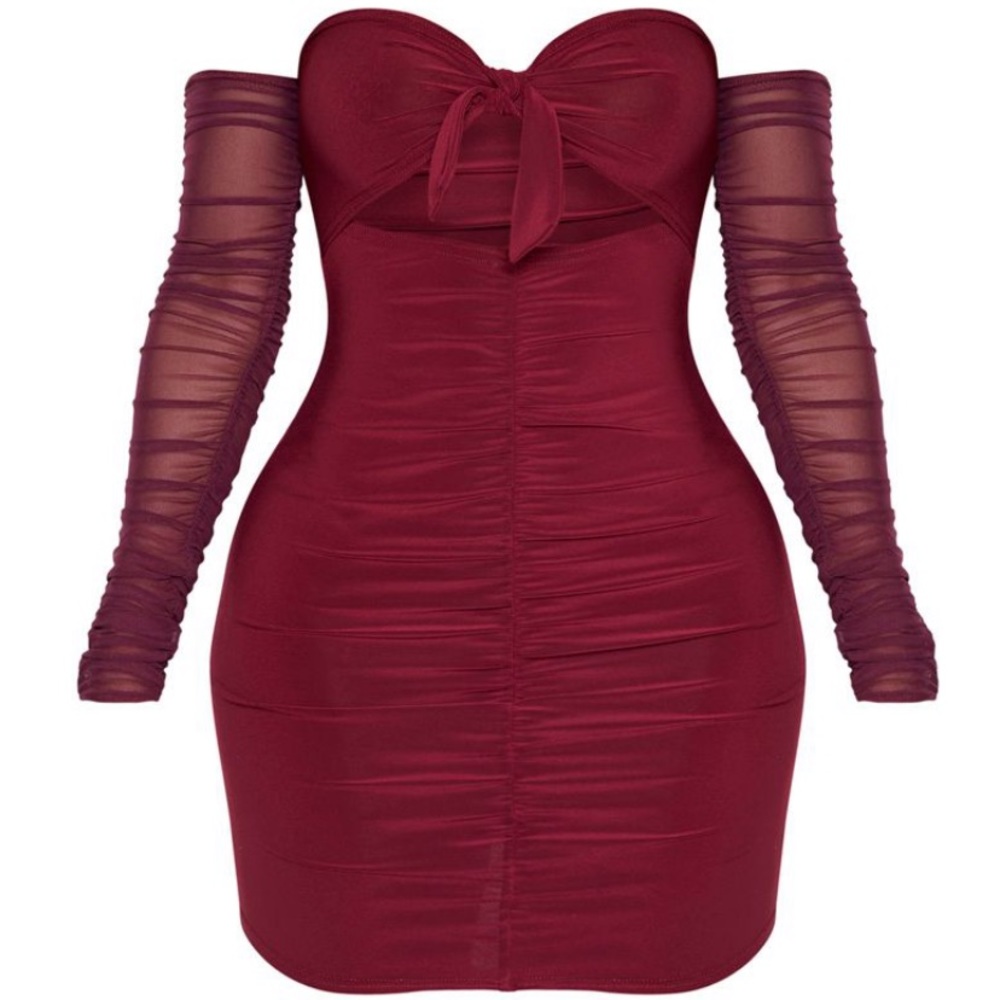 Burgundy Tie Bust Ruched bodycon dress